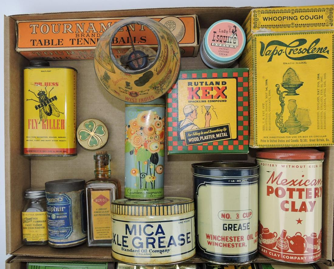 Lot of 4 trays of advertising tins, boxes,: bottles, and jars