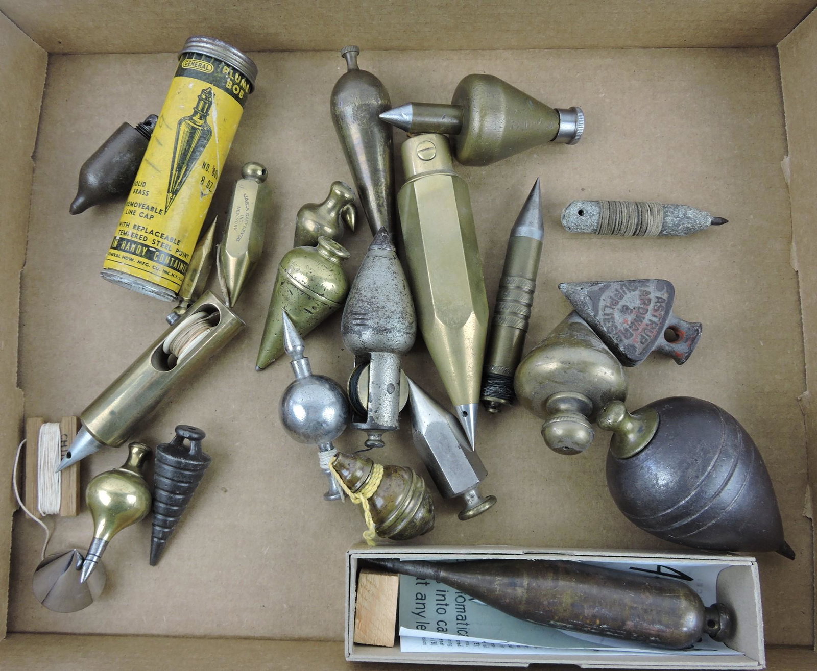 Lot of 24 brass and iron plumb bobs: .