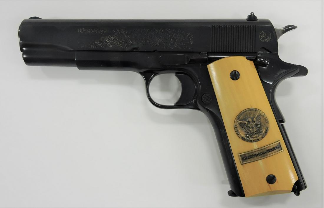 Colt 1911 .45 cal pistol, WWI Commemorative: 1937-67, SN 3528-M2 with presentation case; Terms and Conditions Stryker Action Firearms will be the FFL dealer in charge of all transfers of firearms. Stryker Action, 107 E. State Road 4, Hudson, IN 