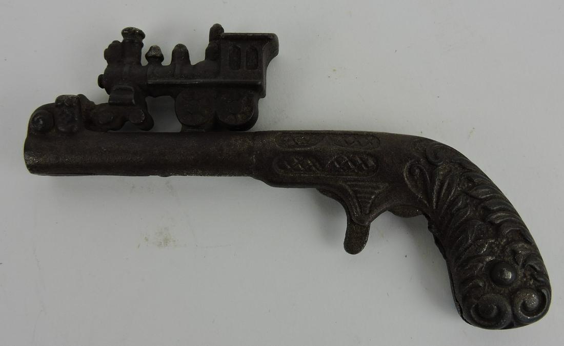 Ives Kenton cast iron animated: cap pistol with train engine, 5"
