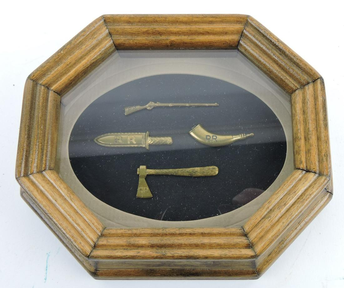 Lot of 4 brass insignia pins, each with: "RR" engraved - musket, knife, powder horn, hatchet
