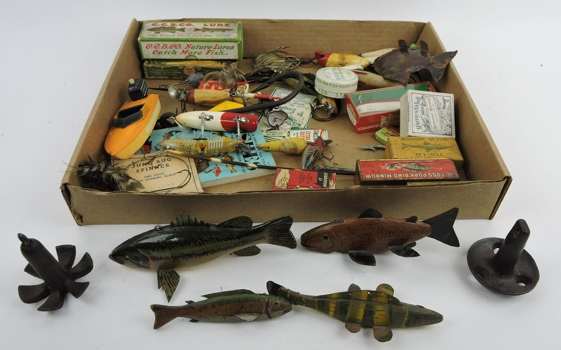 Lot of fishing lures, fish decoys,: miniature anchors, and more