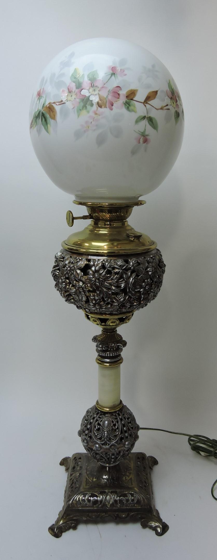 Brass banquet lamp with floral ball (1 of 1)