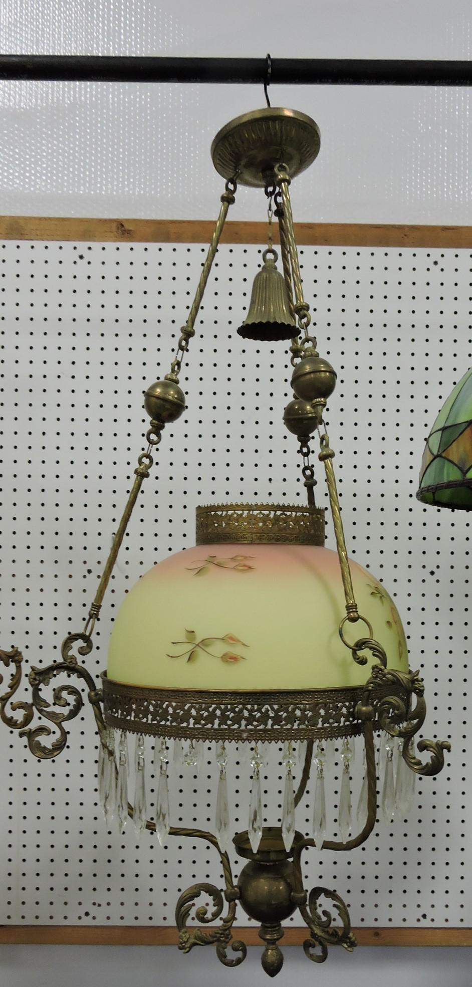 Brass hanging lamp with floral: burmese shade, no lamp works, frame and shade only