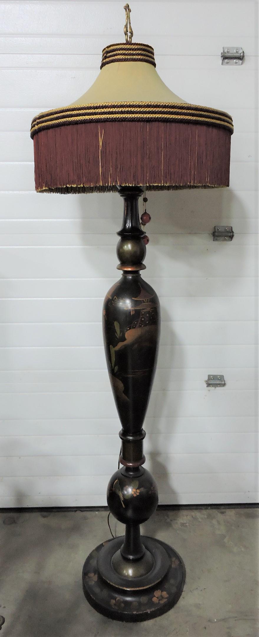 Wooden floor lamp with painted: Oriental motif, fringe shade