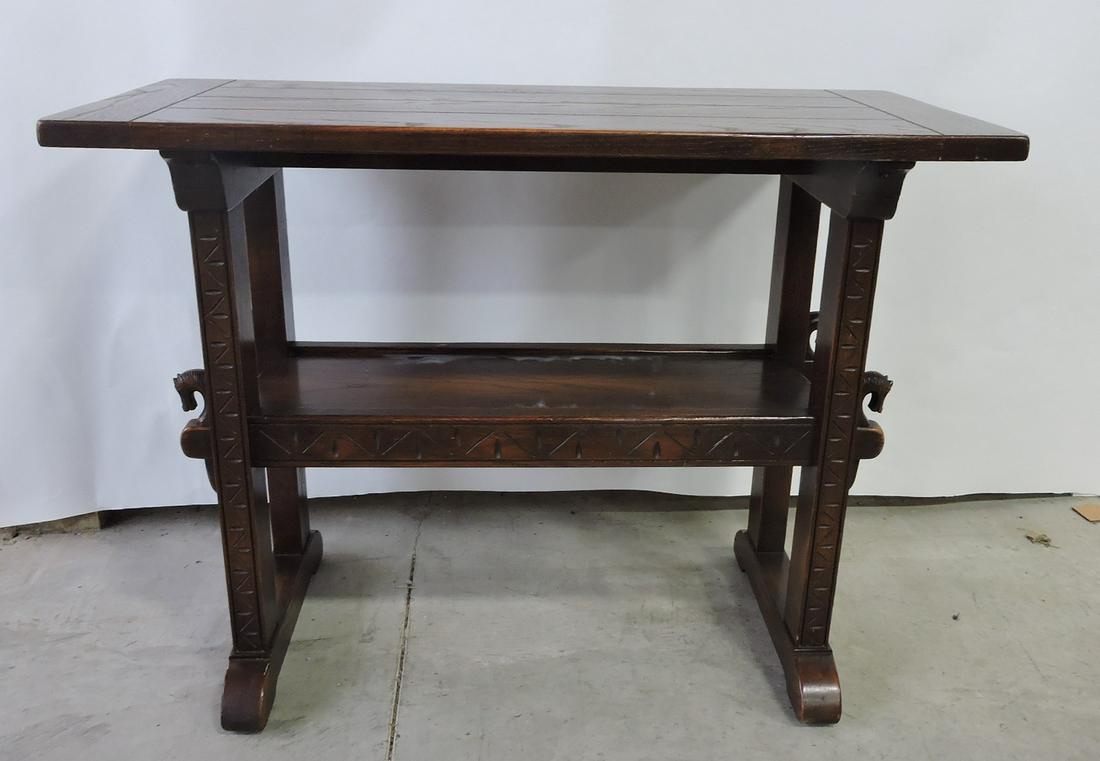 Oak table with horse heads on base, (1 of 2)