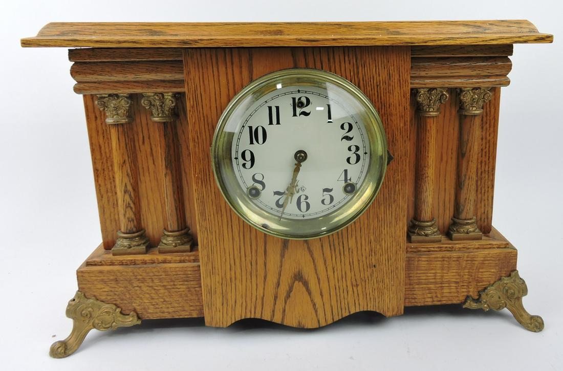 Oak Gilbert mantle clock with columns, (1 of 1)