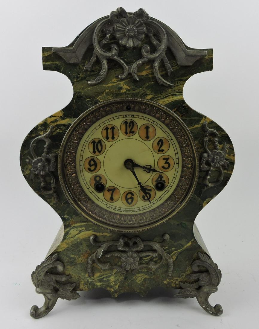New Haven iron mantle clock with: key and pendulum