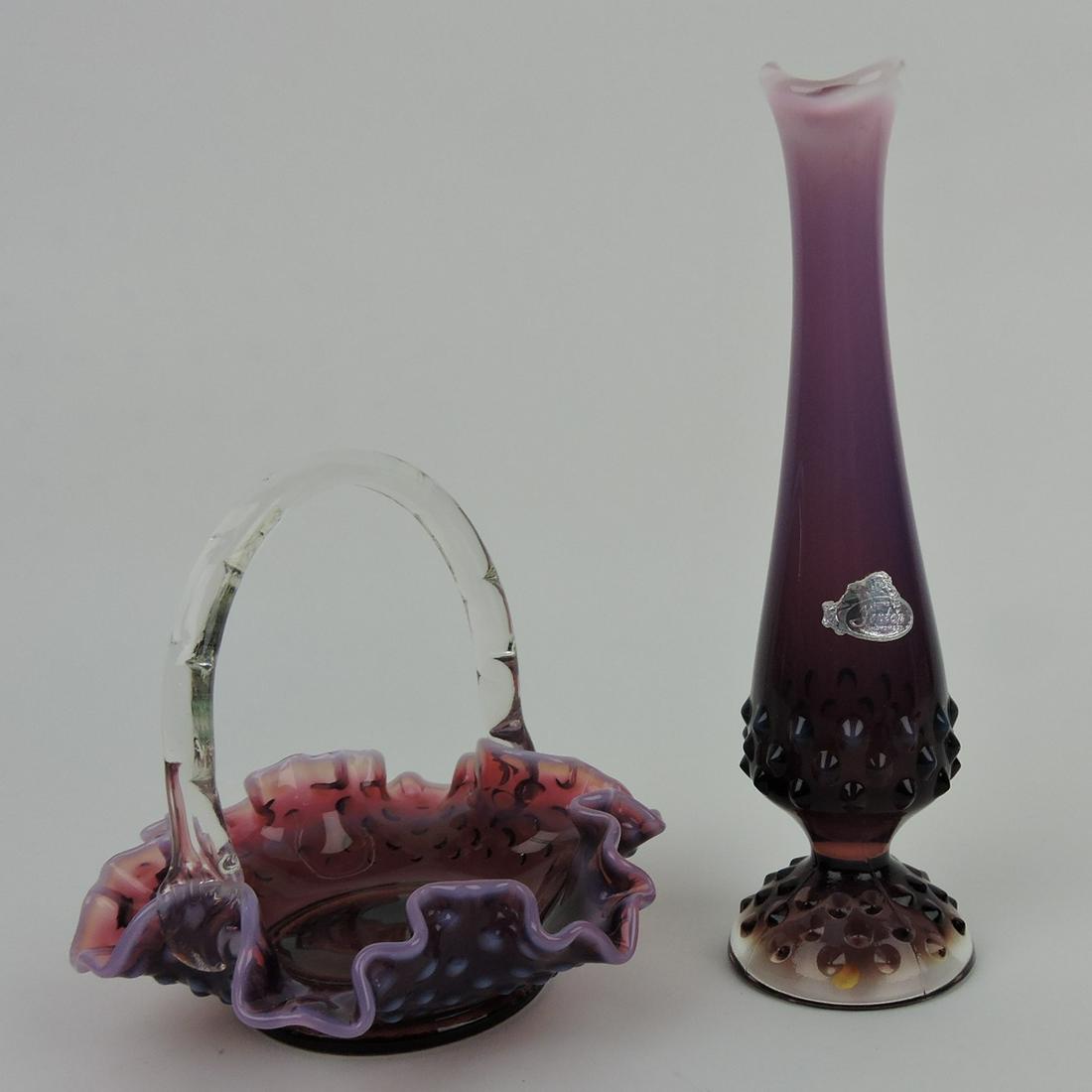Fenton plum opalescent hobnail small: basket and bud vase