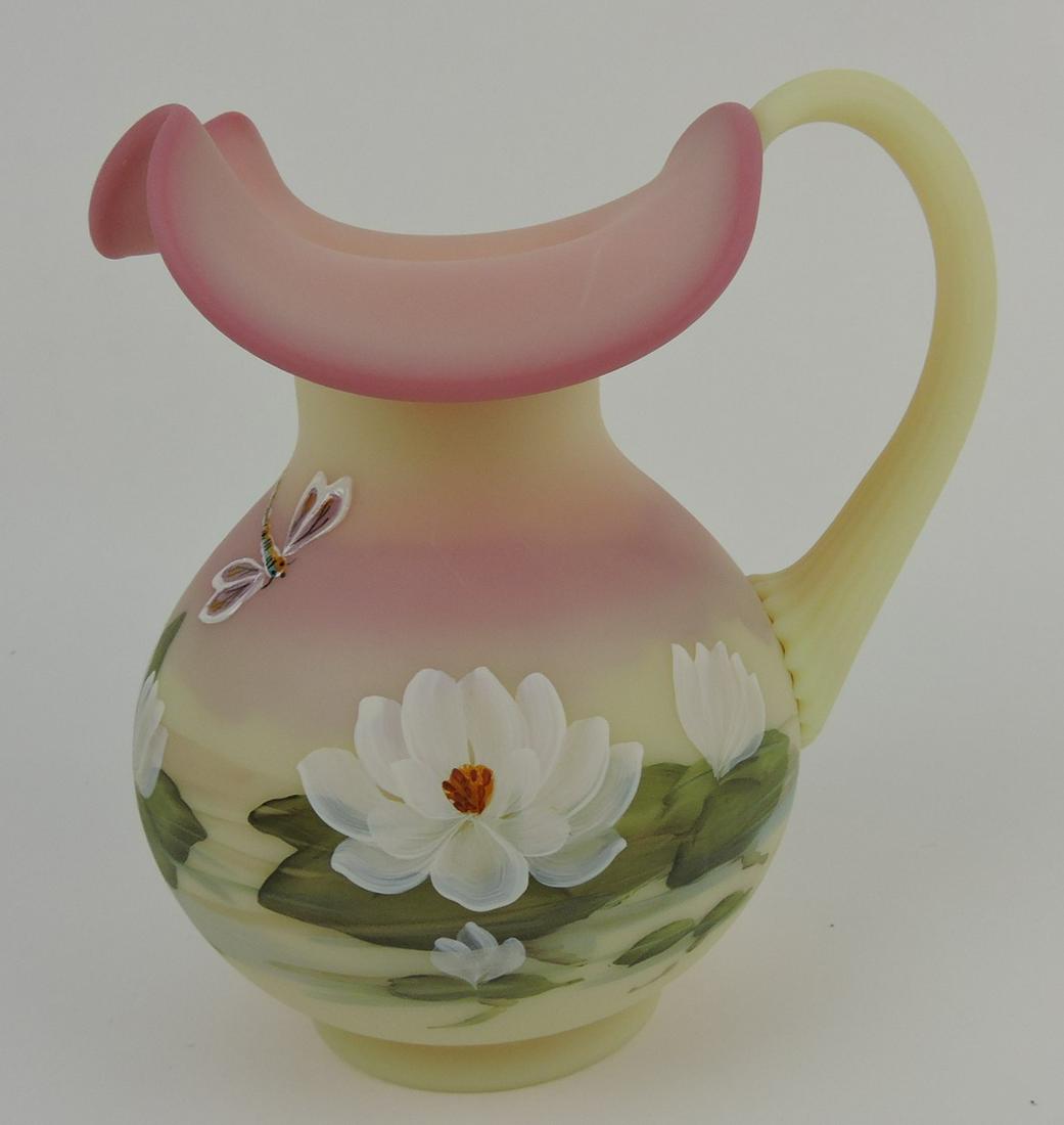 Fenton burmese dragonfly and water: lily pitcher, 8"