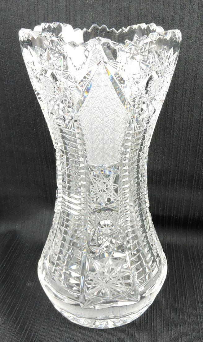 Cut glass 10" vase, hobstars around top, (1 of 1)