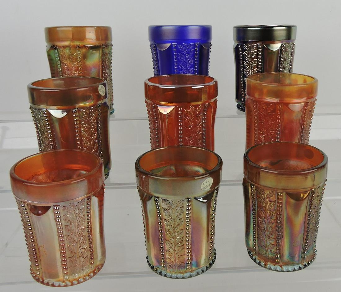 Carnival glass lot of 9 holly band tumblers: .