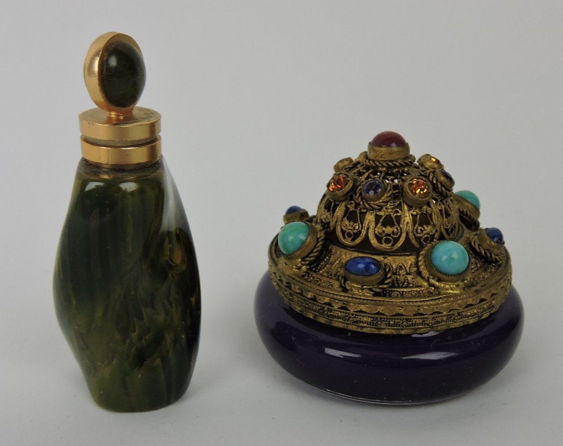 Jewel cover trinket box and bakelite perfume: bottle