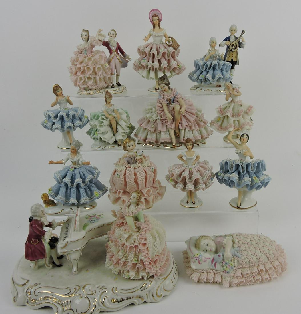 Dresden lot of 13 lace dress ladies, 4" (1 of 1)