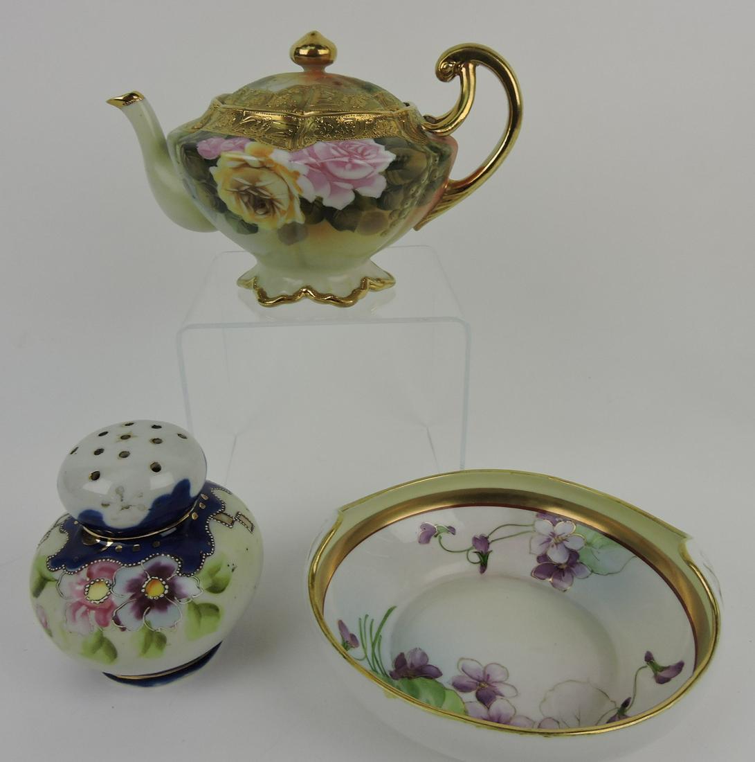 Nippon teapot, muffineer, and bowl: .