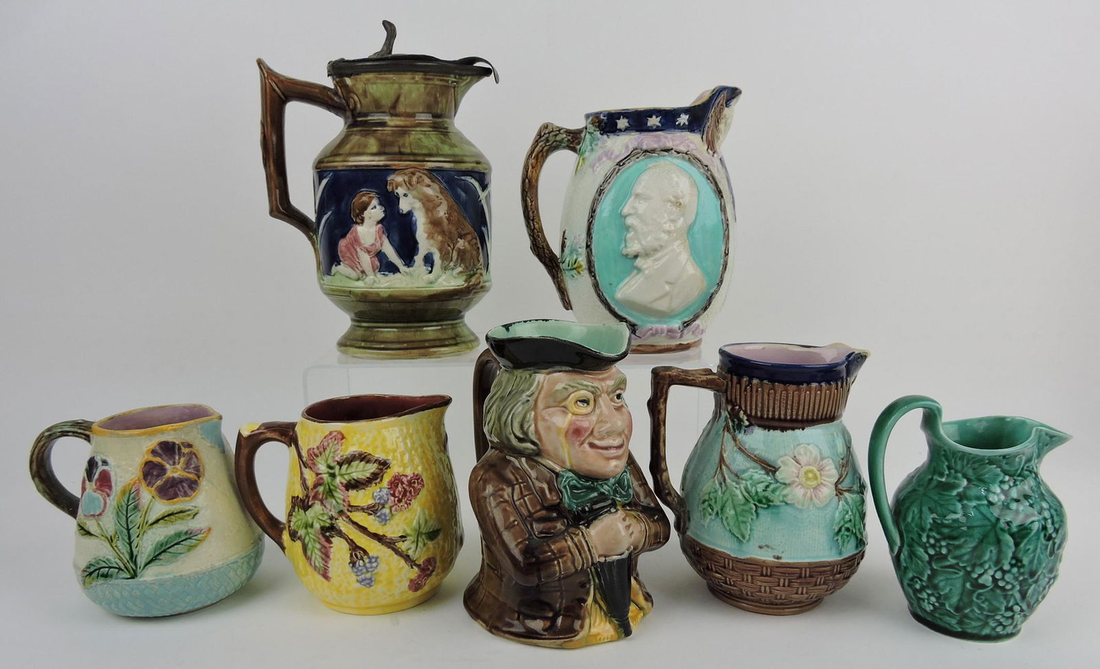 Majolica lot of 7 pitchers, 4 1/2 to 8", (1 of 1)