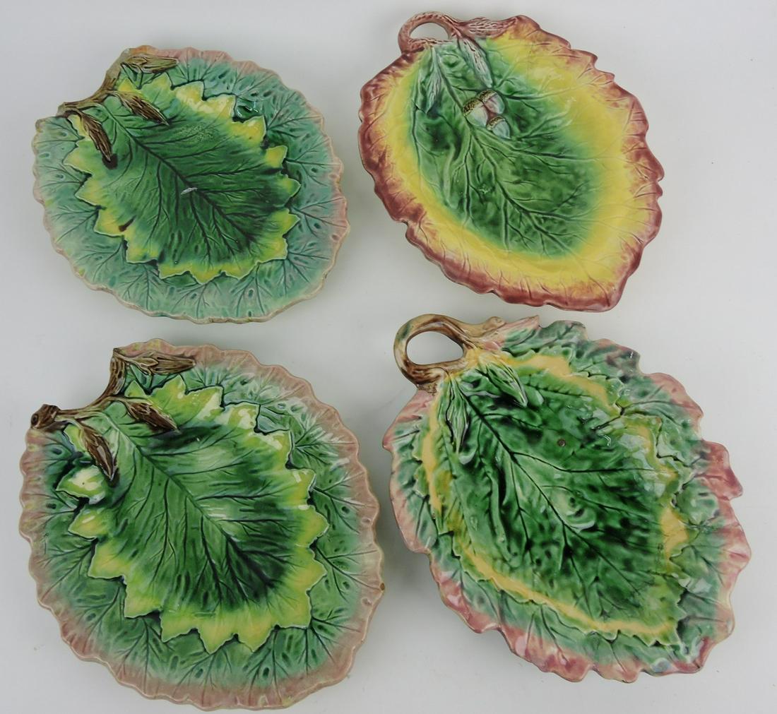 Majolica lot of 4 leaf trays, various: condition