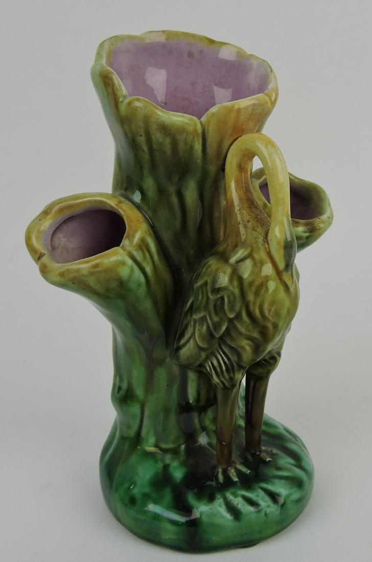 Majolica triple hole stork bud vase, (1 of 1)
