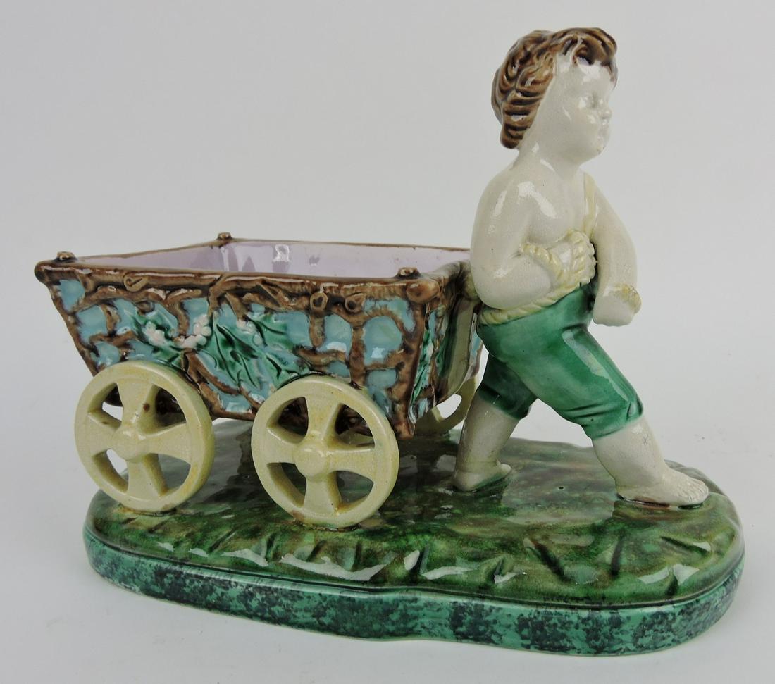 Majolica boy with cart server, 9"l, 7 1/2"h: .