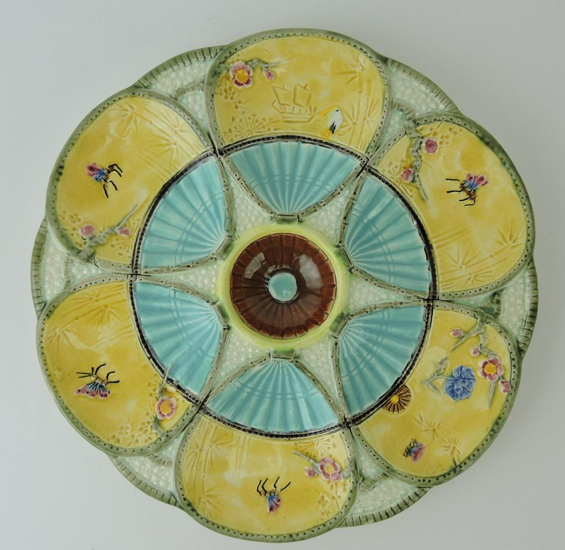 Fielding rare majolica fan and insect: 9" oyster plate, 6 wells, hairline