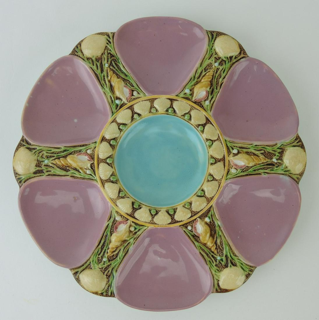 Minton majolica pink 6 well oyster: plate, 9", rim chip to back
