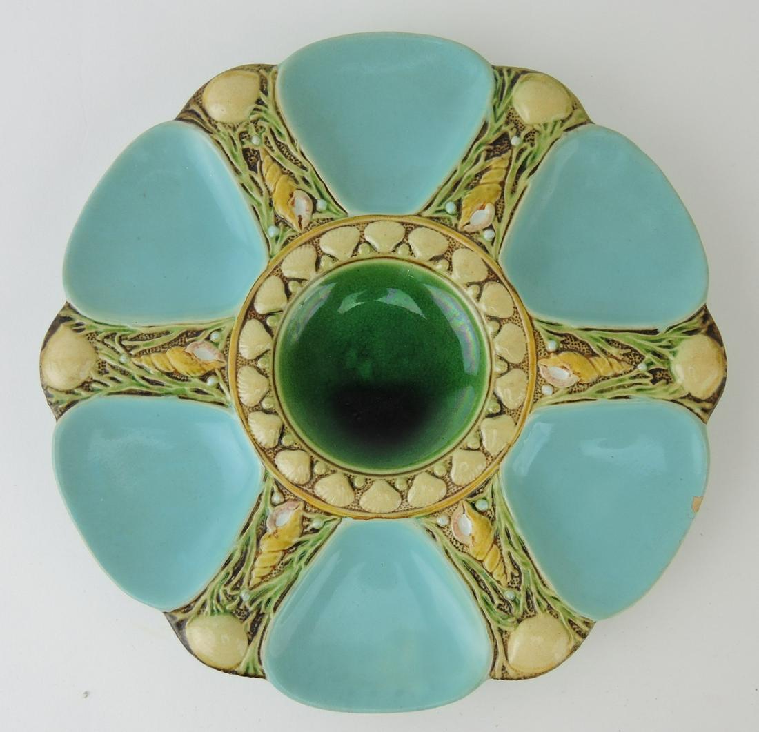 Minton majolica turquoise 6 well: oyster plate, 9", rim chip