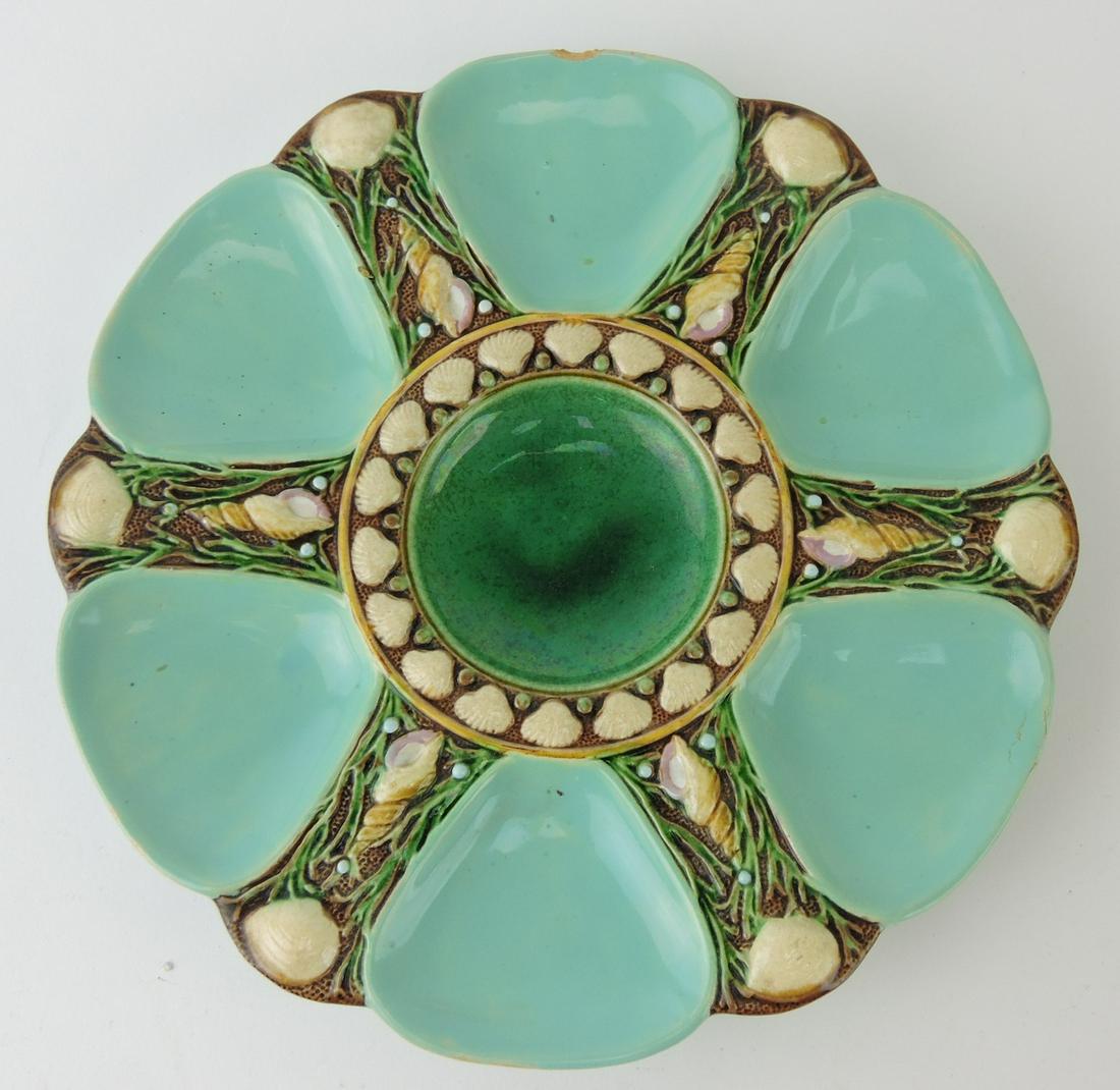 Minton majolica celadon green 6 well: oyster plate, 9", rim chip