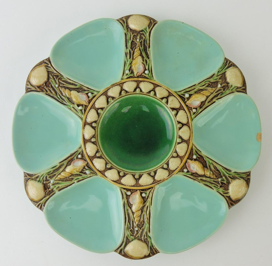Minton majolica celadon green 6 well: oyster plate, 9", rim chip