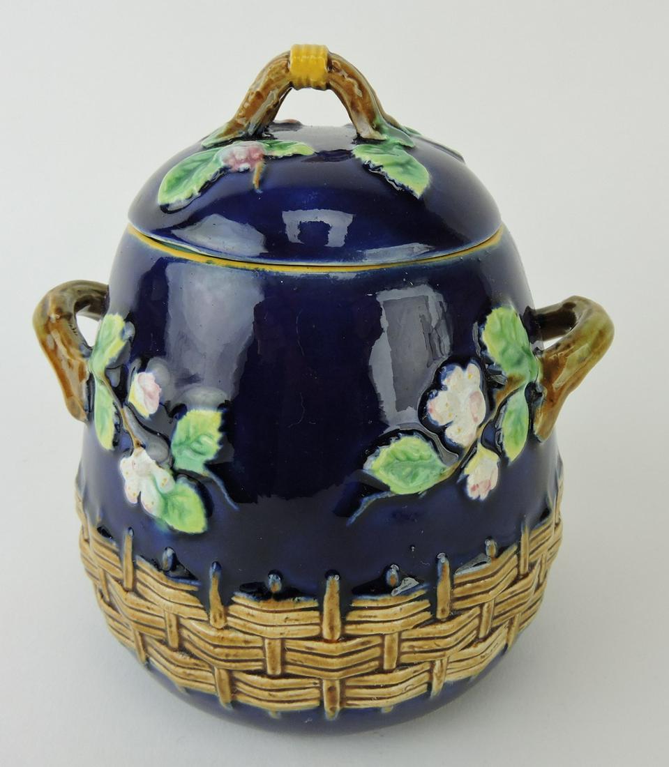 George Jones majolica cobalt apple: blossom sugar, 5"