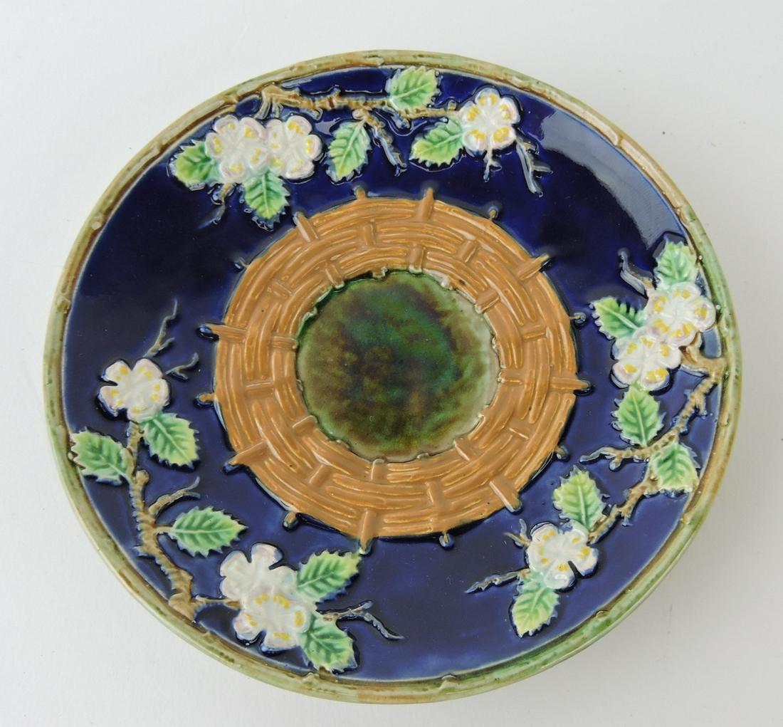 George Jones majolica cobalt apple: blossom saucer