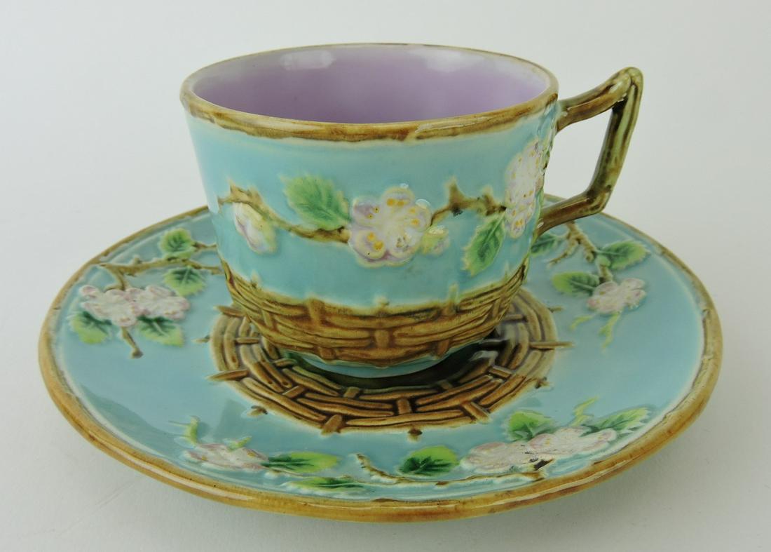 George Jones majolica turquoise: apple blossom cup & saucer