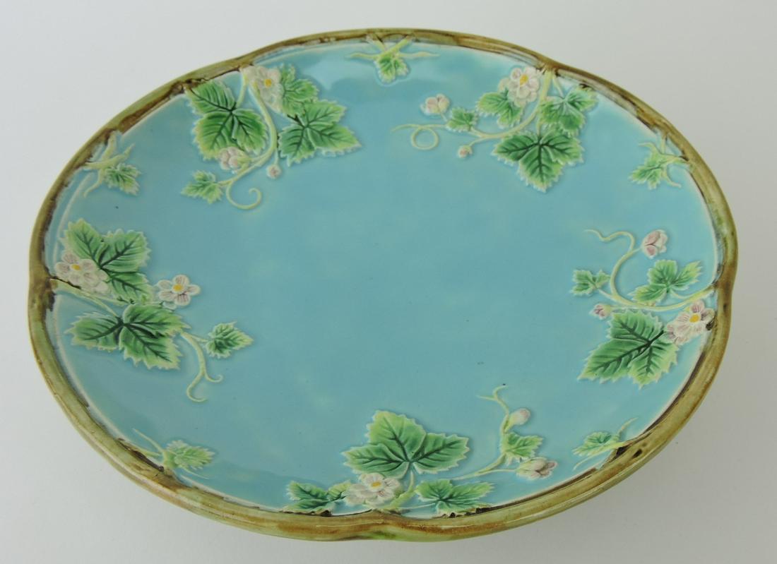 George Jones majolica turquoise: blossom and leaf small twig footed 8" bowl