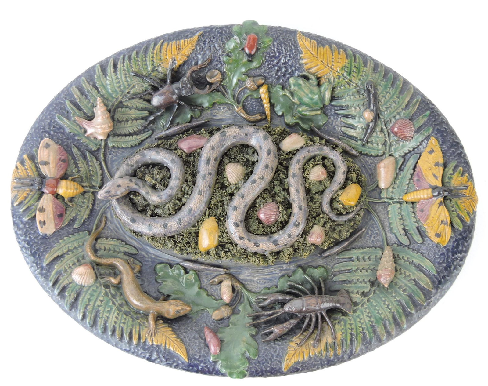 French Palissy ware oval plaque, blue (1 of 4)