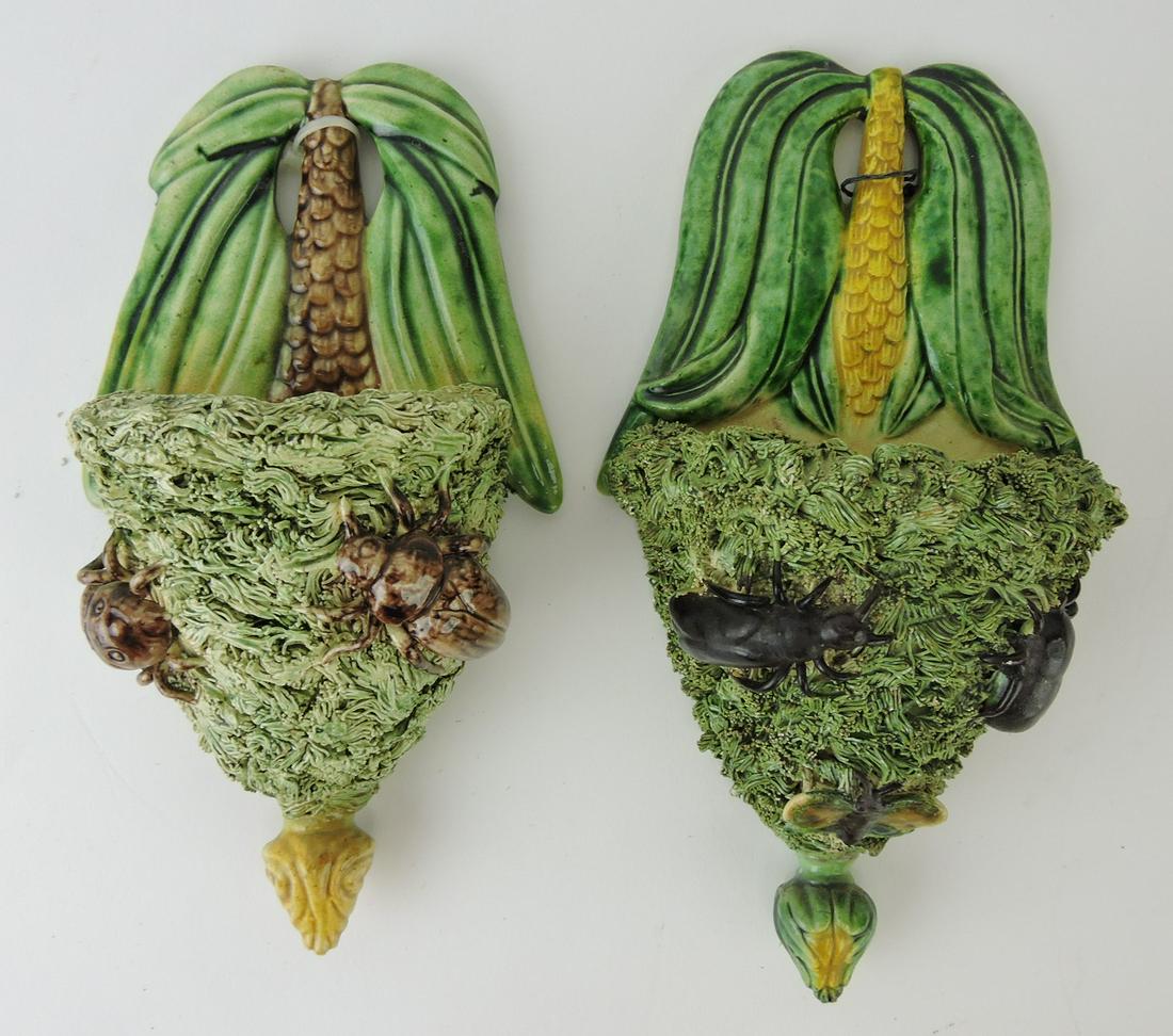Portugal Palissy ware pair of wall: pockets with beetles and grass ground, professional repair to base tip of one, 8"; Ann & Robert Fromer Collection