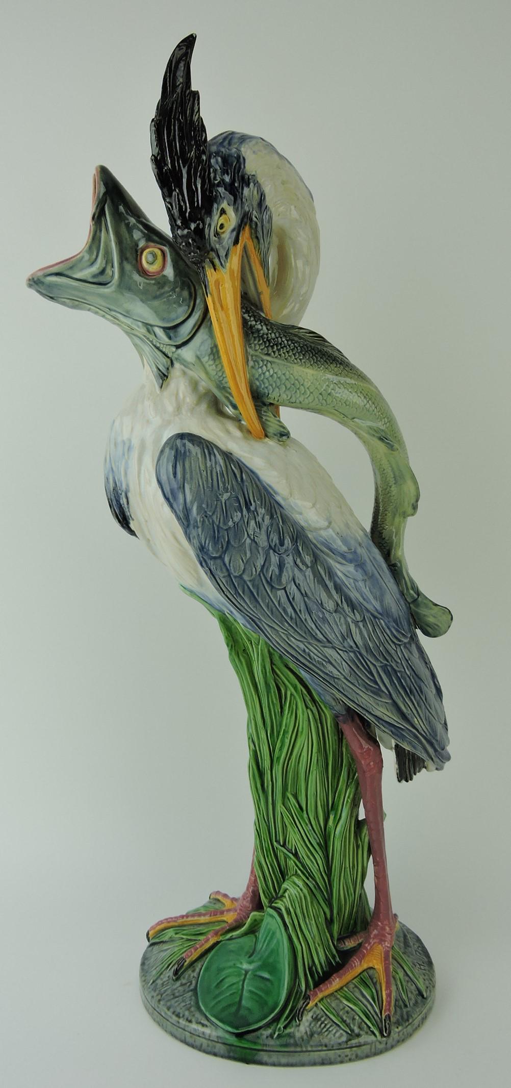 Minton majolica Hughes Protat stork: and pike fish figural ewer, shape no. 1241, 21 1/2"; Ann and Robert Fromer Collection