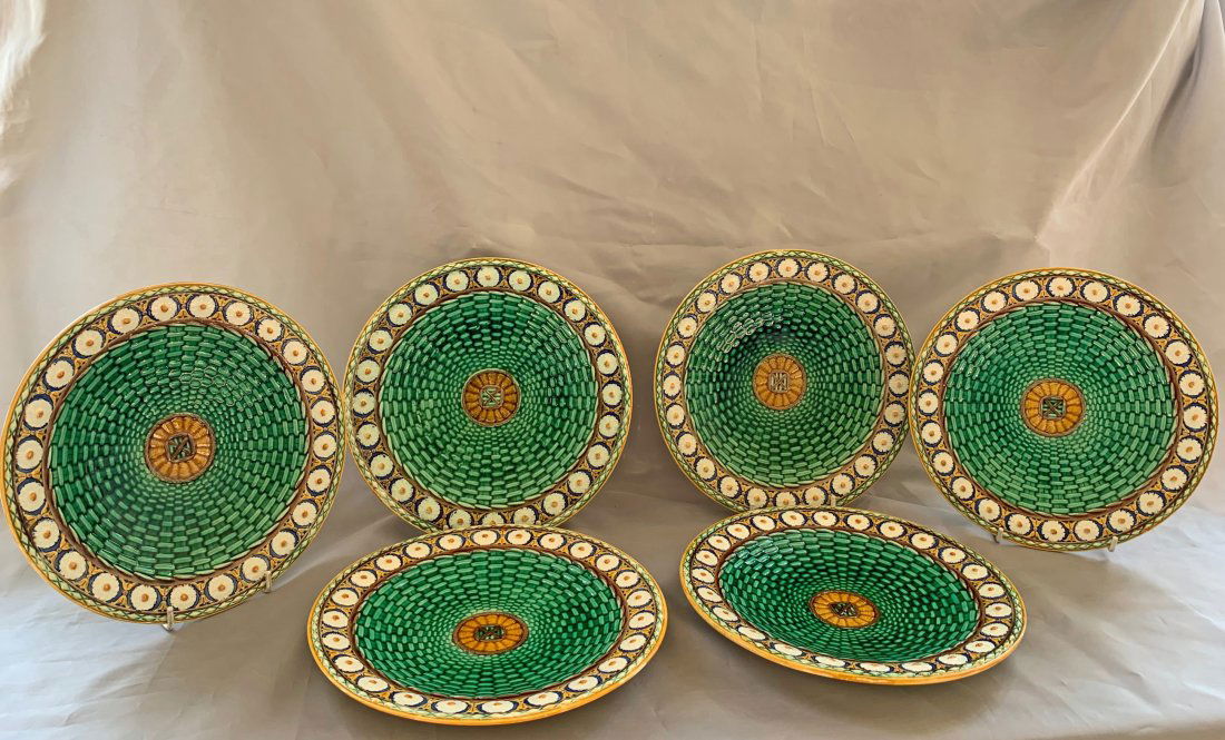 A set of six Wedgwood majolica Stanley plates, (1 of 2)