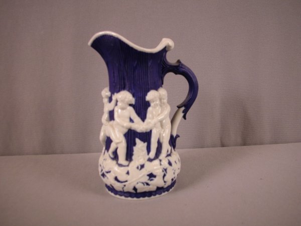 Minton parian pitcher with cobalt ground, Cherubs: Minton parian pitcher with cobalt ground, Cherubs Playing 1845, 6 1/4"