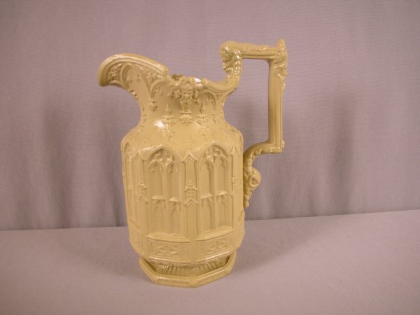 Charles Meigh Parian jug, brown, 1842, Gothic desi: Charles Meigh Parian jug, brown, 1842, Gothic design, 9"