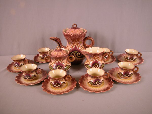 QUIMPER French Faience 19 piece coffee service wit: QUIMPER French Faience 19 piece coffee service with coffee pot, sugar, creamer and 8 cups & saucers, nice set, hairline to one cup
