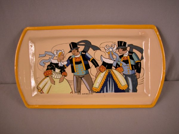 Hentriot Quimper French Faience tray signed Sevel: Hentriot Quimper French Faience tray signed Sevellec with scene of man and woman dancing, 12"
