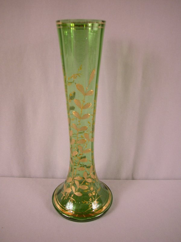 Emerald green vase with gold leaf and floral ename: Emerald green vase with gold leaf and floral enamel, attributed to Mosier, 12 1/2"