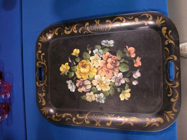 Large tole tray with floral motif and open handles: Large tole tray with floral motif and open handles, 26" x 19"