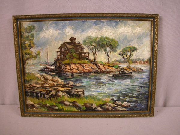 Oil on board, house on island with boats, signed : Oil on board, house on island with boats, signed Douglas Reynolds, 1939