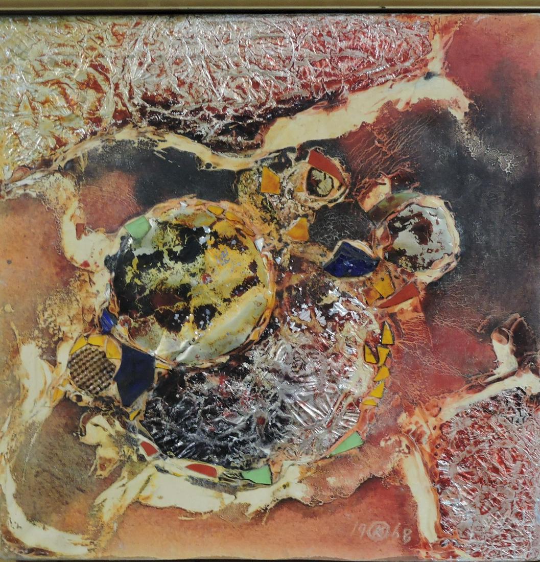 MCM oil on canvas collage, 1968,: 23 1/2"x23 1/2"