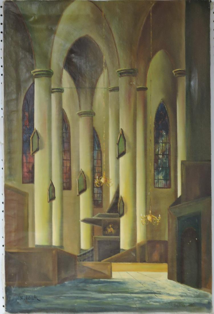 Oil on canvas of interior of church by: Frans Hoek, Netherlands b1929, 36"x24"
