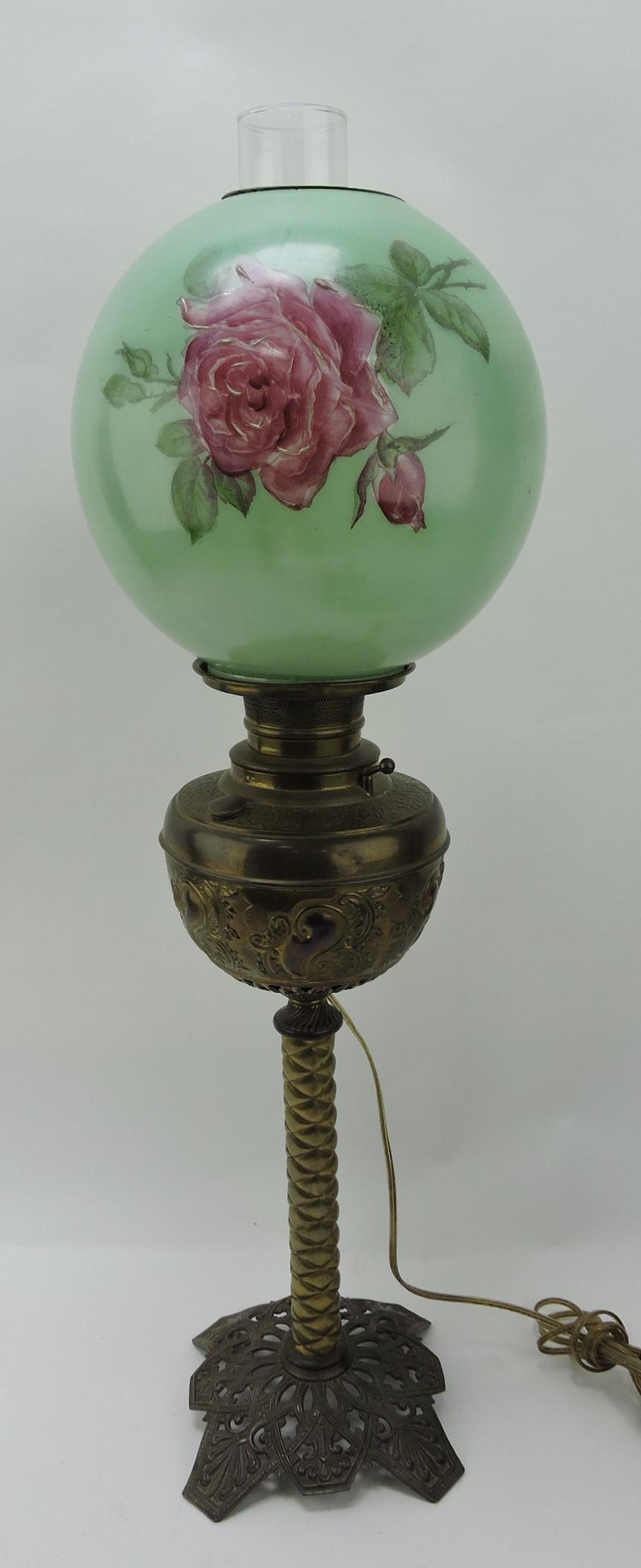 Brass banquet lamp with rose painted (1 of 1)