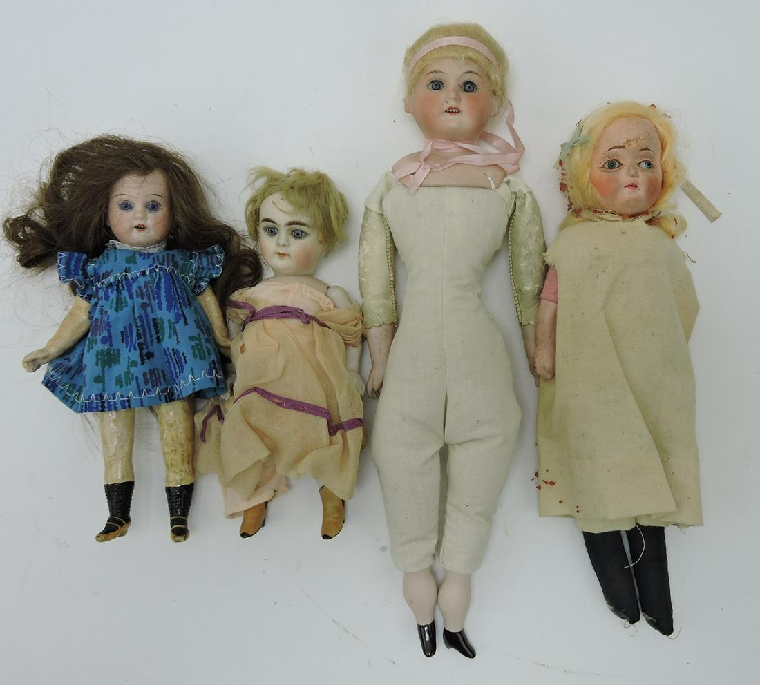 Lot of 4 dolls, 3 bisque head, 8 to 13" (1 of 1)