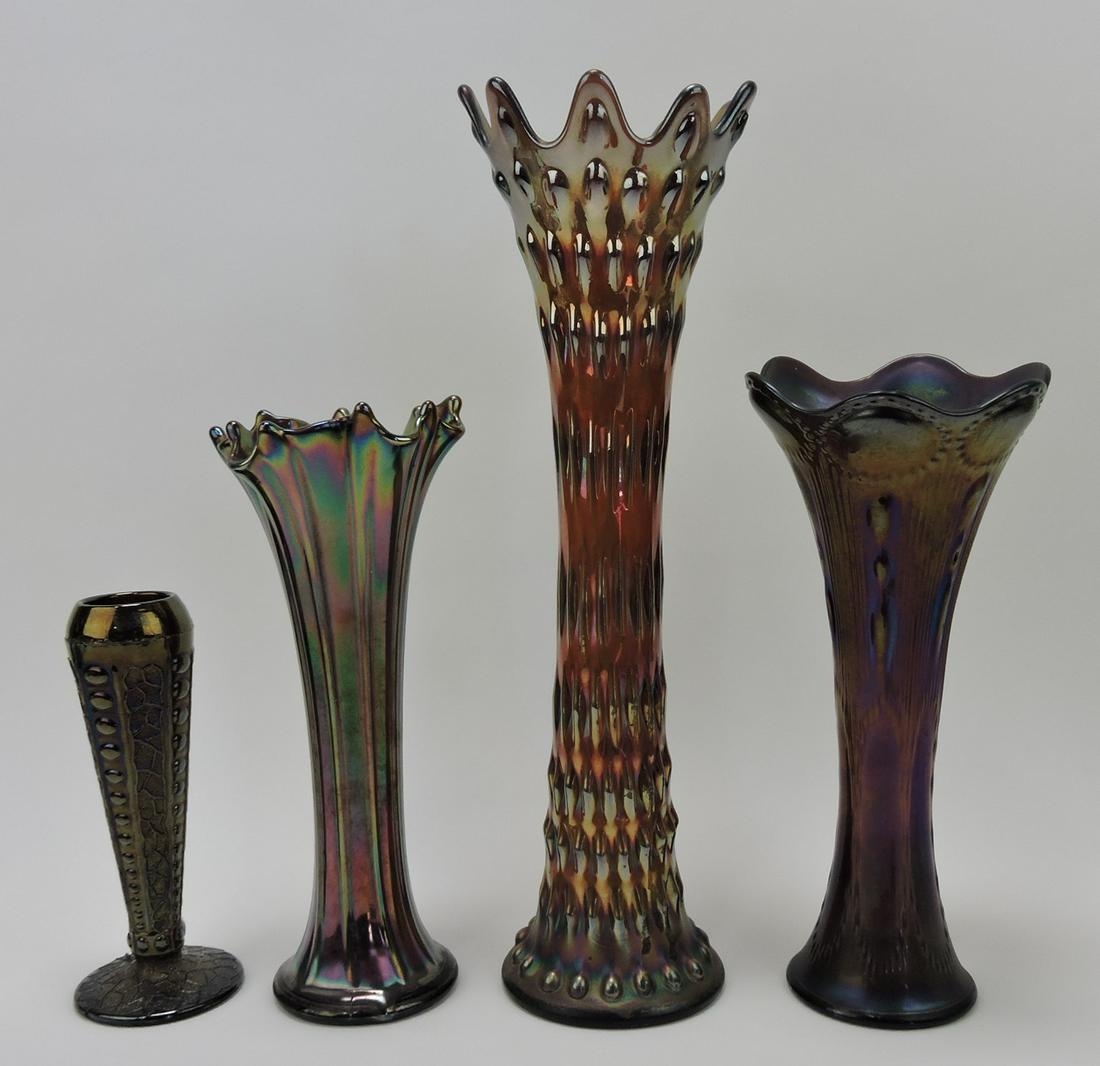 Carnival glass lot of 4 amethyst vases, (1 of 1)