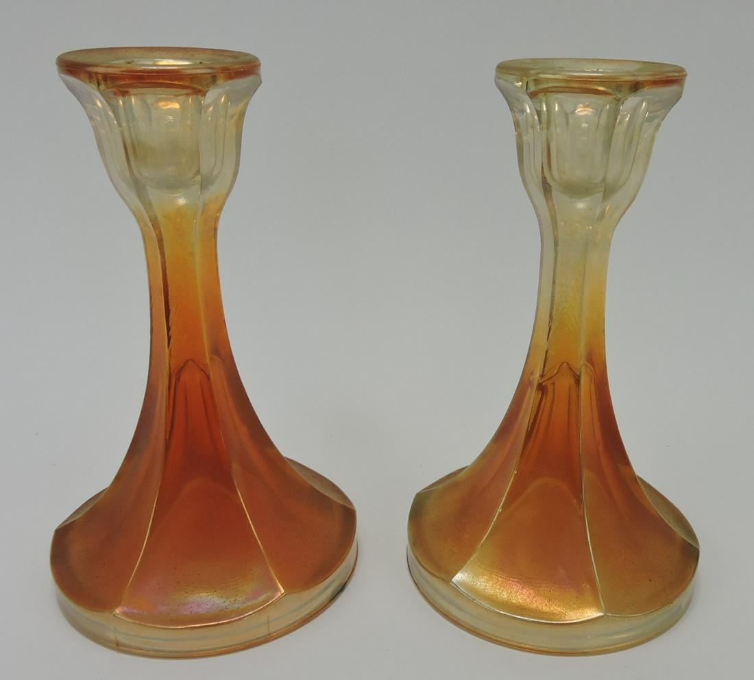 Carnival glass pair of candle holders, 6 1/2": .