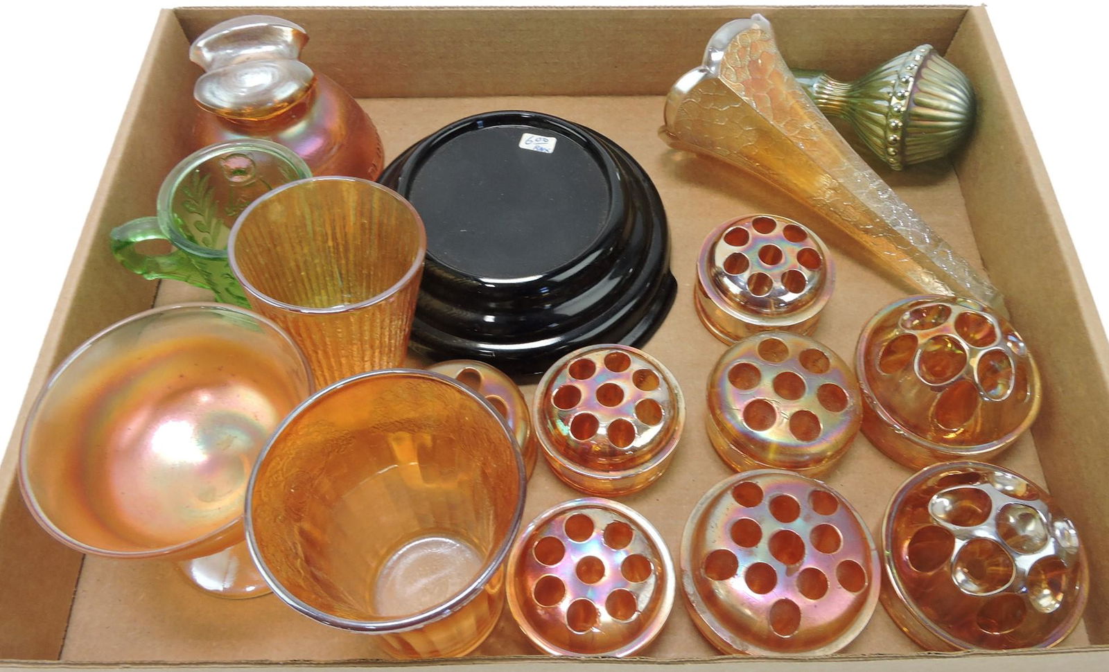 Tray of carnival glass flower frogs and other (1 of 1)